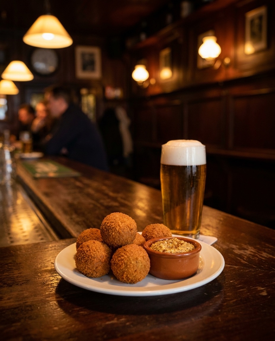 Bitterballen met mosterd en een biertje