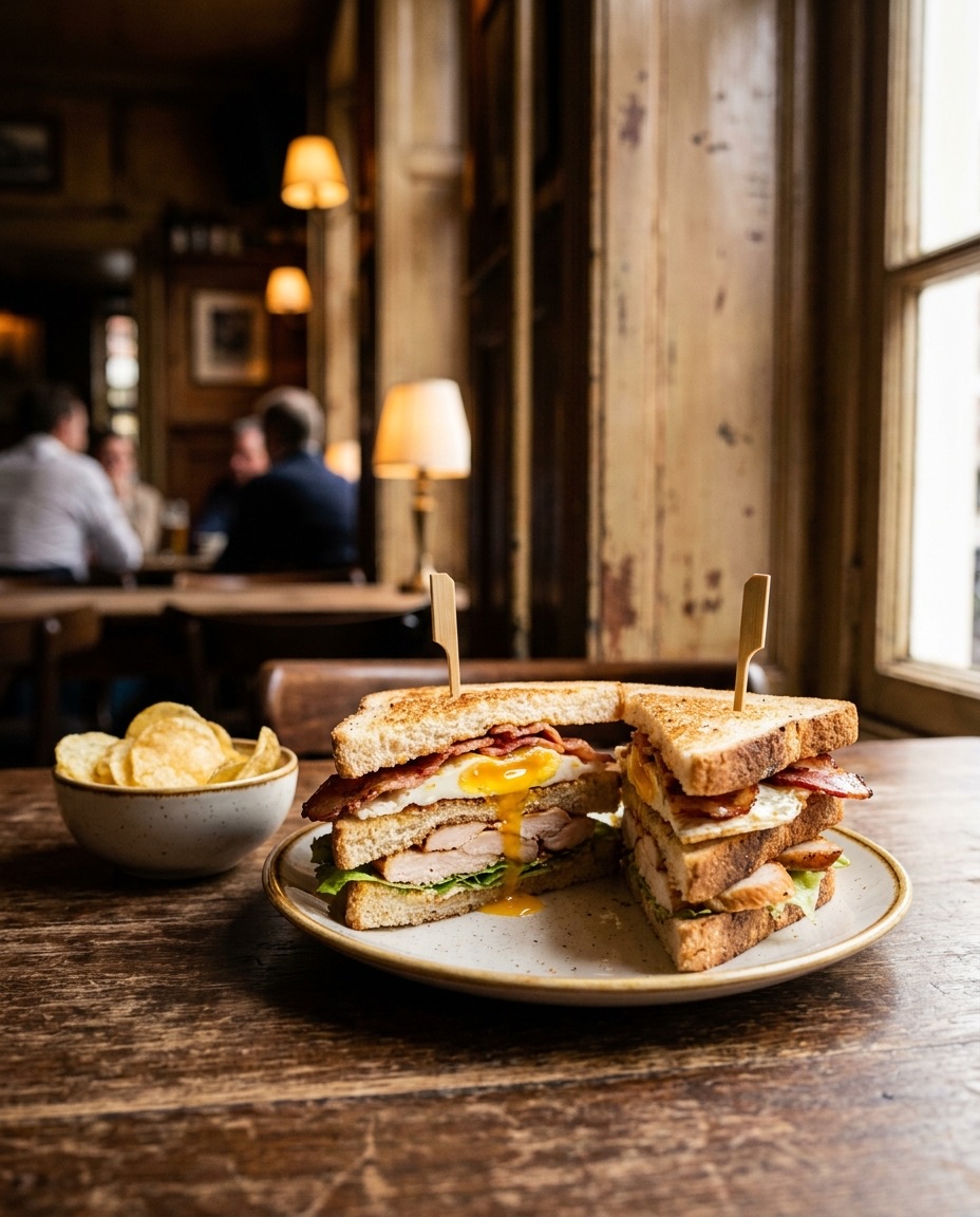 Club sandwich met kip, bacon en ei