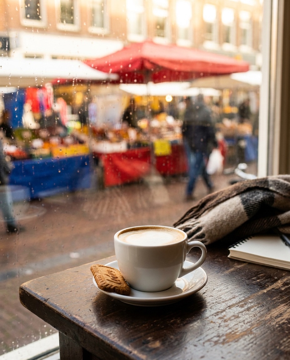 Cappuccino bij het raam, met de markt op de achtergrond